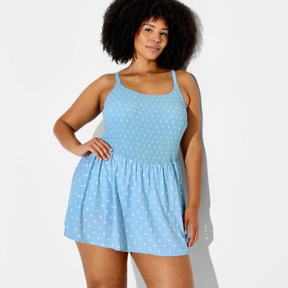 Women's Polka Dot Smocked Dress - JoyLab Light Blue Polka Dot 3X